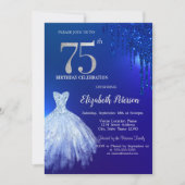Navyblauwe Glitterdruppels, Jurk Blauw 75e Verjaar Kaart (Voorkant)