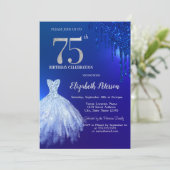 Navyblauwe Glitterdruppels, Jurk Blauw 75e Verjaar Kaart (Staand voorkant)