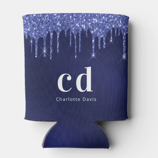 Navyblauwe glitters glazuur met witte monogram naa blikjeskoeler (Achterkant)