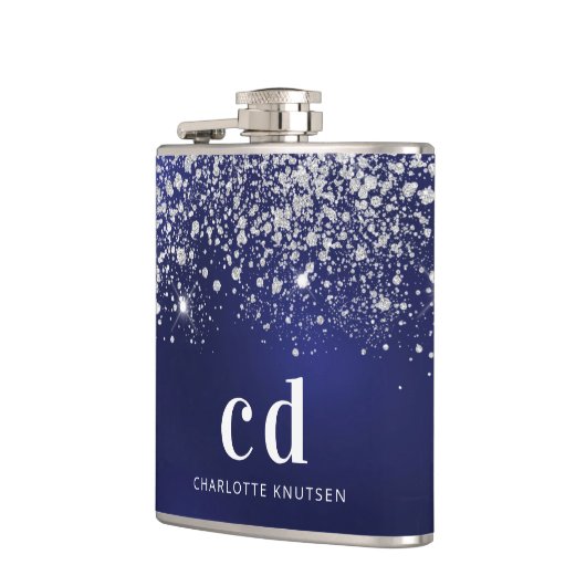 Navyblauwe glitters zilveren monogram initials heupfles (Links)