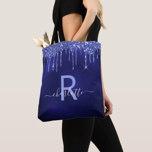 Navyblauwe glittersluier naam monogram schrift tote bag (Dichtbij)