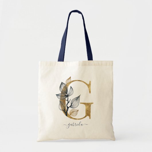 Navyblauwe Gouden Blad Moderne Monogram Letter "G" Tote Bag (Voorkant)