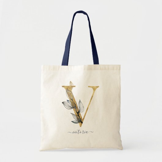 Navyblauwe Gouden Blad Moderne Monogram Letter "V" Tote Bag (Voorkant)