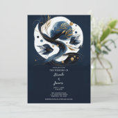 Navyblauwe & Gouden Vis Strand Bruiloft Kaart (Staand voorkant)