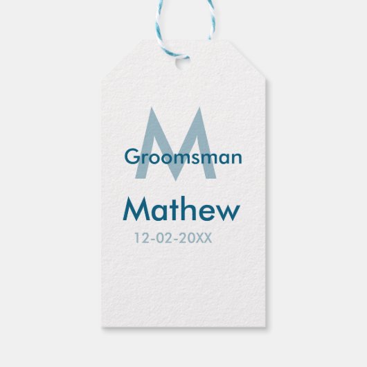 Navyblauwe groepsnaam letter datum mannelijk per cadeaulabel (Achterkant)