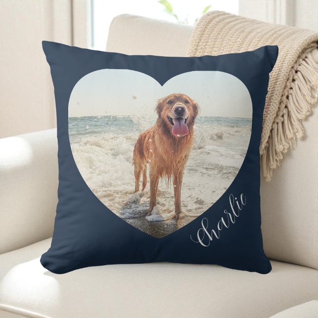 Navyblauwe huisdier hart foto script gepersonalise kussen (Navy Blue Pet Heart Photo Script Personalized Dog Throw Pillow)