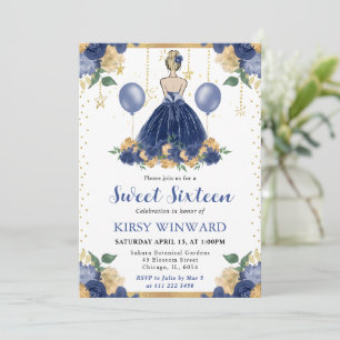 Navyblauwe jurk blond haar prinses Sweet 16 Kaart