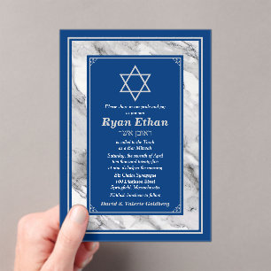 Navyblauwe marmeren ster van David Bar Mitswa Acryl Uitnodigingen