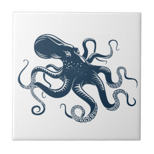 Navyblauwe octopus nautische illustratie tegeltje