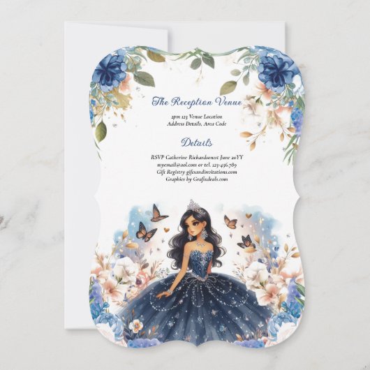Navyblauwe Quinceanera-jurk met bloemenvlinders Kaart (Achterkant)