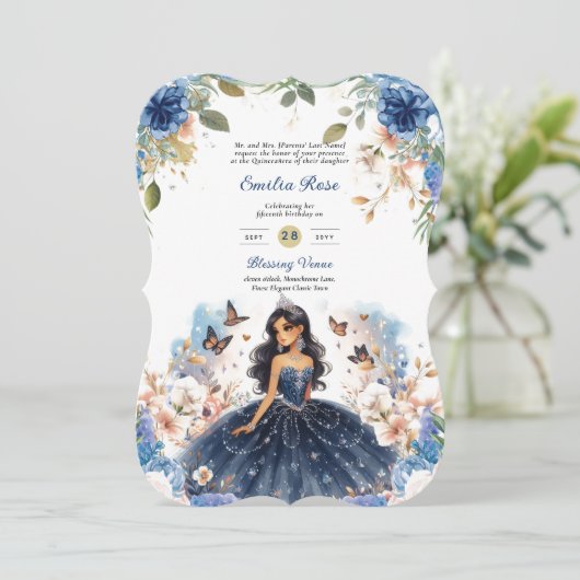 Navyblauwe Quinceanera-jurk met bloemenvlinders Kaart (Staand voorkant)