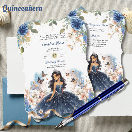 Navyblauwe Quinceanera-jurk met bloemenvlinders Kaart