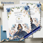 Navyblauwe Quinceanera-jurk met bloemenvlinders Kaart