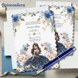Navyblauwe Quinceanera-jurk met bloemenvlinders Kaart