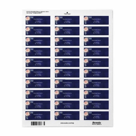 Navyblauwe roze gouden bloem terugkeer adres etiket (Full Sheet)