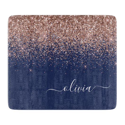 Navyblauwe roze gouden blush roze glitter monogram snijplank (Voorkant)