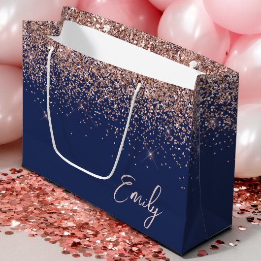 Navyblauwe roze gouden glans roze glitter monogram groot cadeauzakje