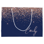Navyblauwe roze gouden glans roze glitter monogram groot cadeauzakje (Achterkant)
