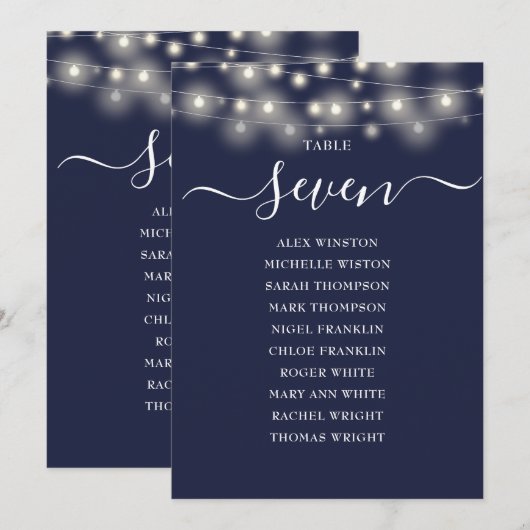 Navyblauwe slingerlichten Tafelnummer zitplaatskaa (Voorkant / Achterkant)