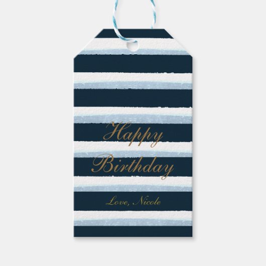Navyblauwe waterverfstrepen elegante chic cadeaubi cadeaulabel (Voorkant)