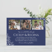 Navye Blue White Floral Photo Collage Wedding Kaart (Staand voorkant)