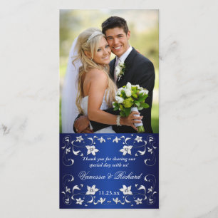 Navyl Blue, Silver Floral Wedding Photo Card Bedankkaart