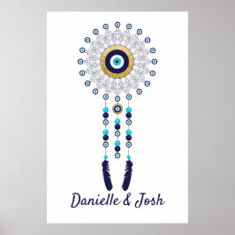 Nazar Evil Eye Mandala Dream Catcher in Gold Blue Poster