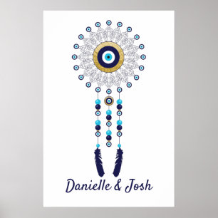 Nazar Evil Eye Mandala Dream Catcher in Gold Blue Poster