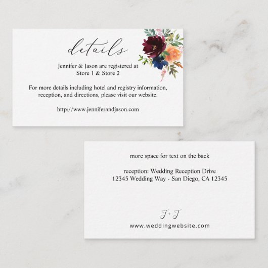 Nazeblauw, Bourgondië en peach Floral — SM Informatiekaartje (Voorkant / Achterkant)