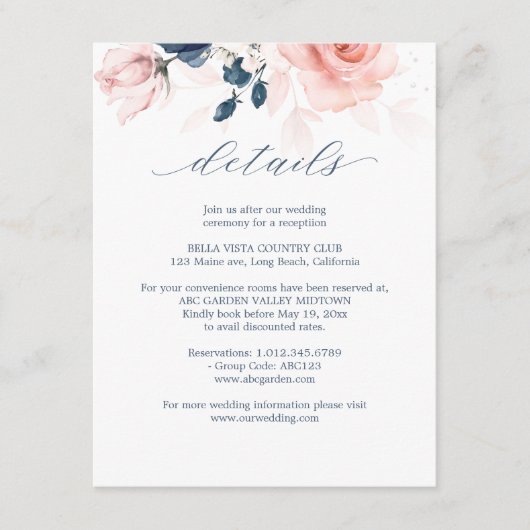 Nazeblauw en Blush roze bruiloft - details Informatiekaartje (Voorkant)