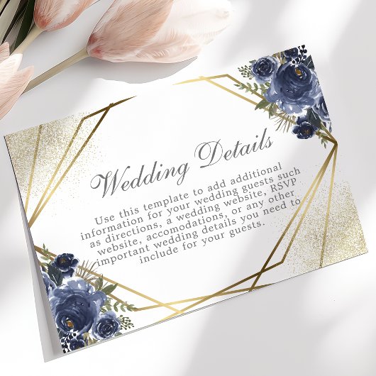 Nazeblauw Floral Gold Geometric Wedding - Gegevens Informatiekaartje