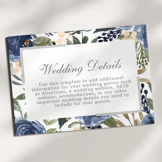 Nazeblauw Floral Pattern Wedding Details Informatiekaartje