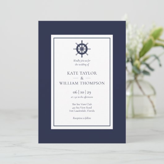 Nazeblauw Nautical Ship Wheel Wedding Invitation Kaart (Staand voorkant)