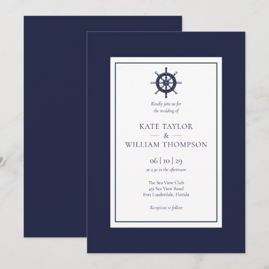 Nazeblauw Nautical Ship Wheel Wedding Invitation Kaart (Voorkant / Achterkant)