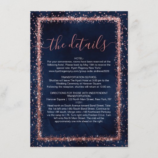 Nazeblauw Roos Gold-geprinte Confetti - Gegevens Informatiekaartje (Voorkant)