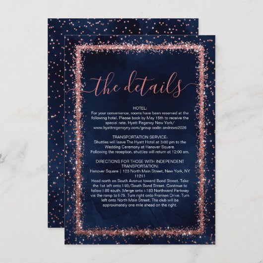 Nazeblauw Roos Gold-geprinte Confetti - Gegevens Informatiekaartje (Voorkant / Achterkant)