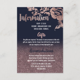 Nazeblauw Roos Gold Glitter Floral Wedding Details Informatiekaartje