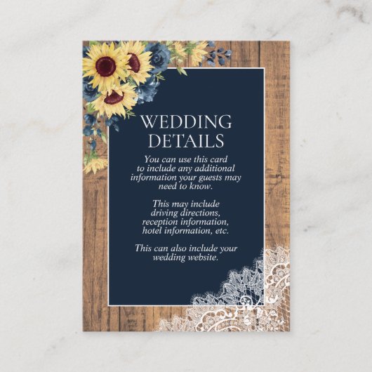 Nazeblauw zonnebloem Botanische kant houten detail Informatiekaartje (Voorkant)