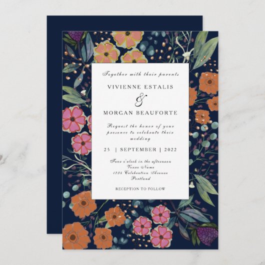 Nazeblauwe oranje roze bloemen lentebruiloft kaart (Voorkant / Achterkant)