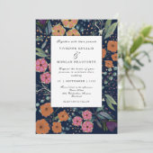 Nazeblauwe oranje roze bloemen lentebruiloft kaart (Staand voorkant)
