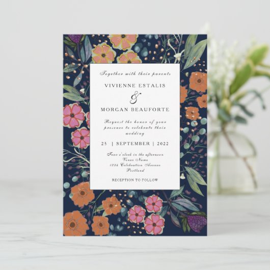 Nazeblauwe oranje roze bloemen lentebruiloft kaart (Staand voorkant)