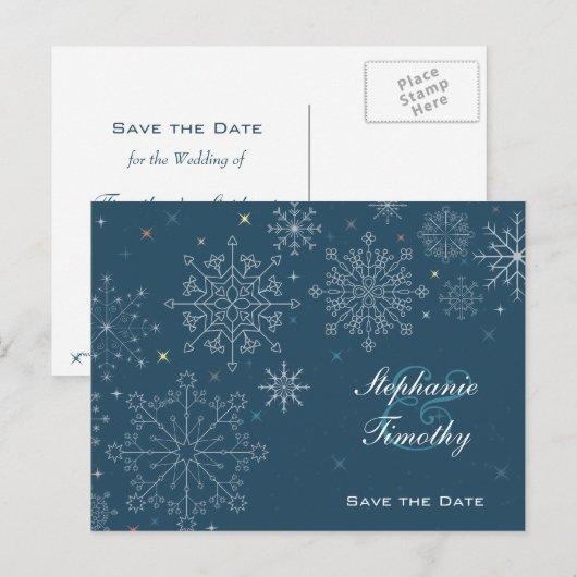 Nazeblauwe sneeuwvlokken winterbruiloft met behoud aankondigingskaart (Voorkant / Achterkant)