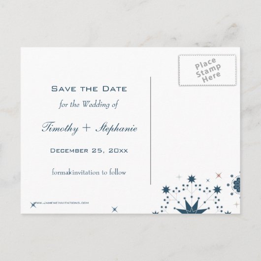 Nazeblauwe sneeuwvlokken winterbruiloft met behoud aankondigingskaart (Achterkant)