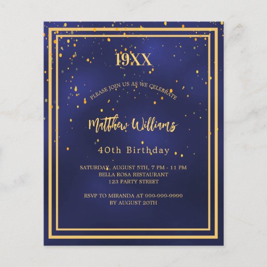 Nazeblauwe verjaardagsfeestdag begrotingsuitnodigi (Voorkant)