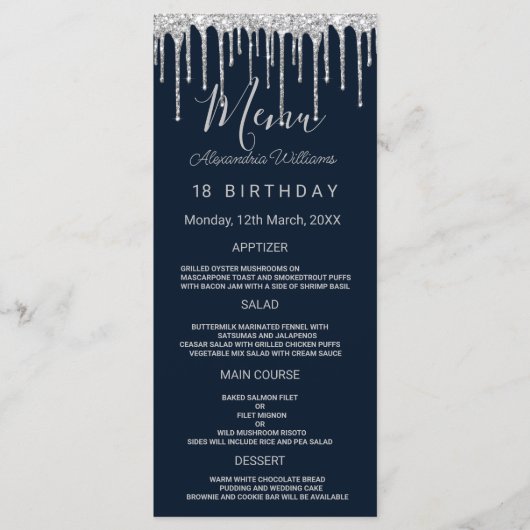 Nazeblauwe zilverglitterdruppels Birthday Programm Programmakaart (Voorkant)