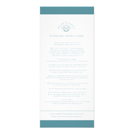 Nazorg oorpiercing instructies blauwgroen reclamekaart (Voorkant)