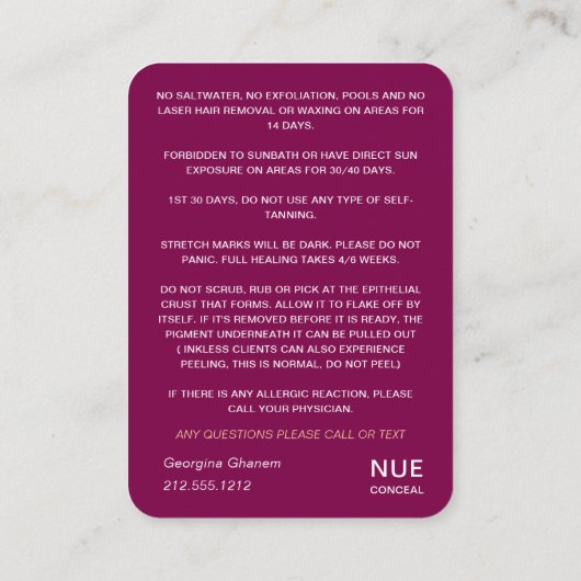 Nazorginstructie Logo vrouwen Body Bourgogne Visitekaartje (Achterkant)