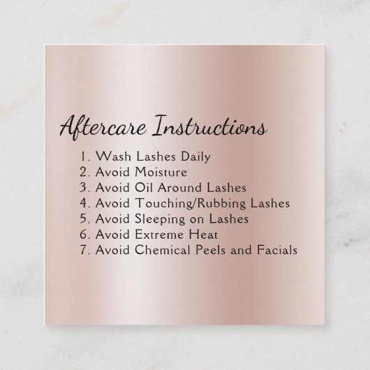 Nazorginstructies Eyelashes Roos Gold Pink Vierkante Visitekaartje (Achterkant)