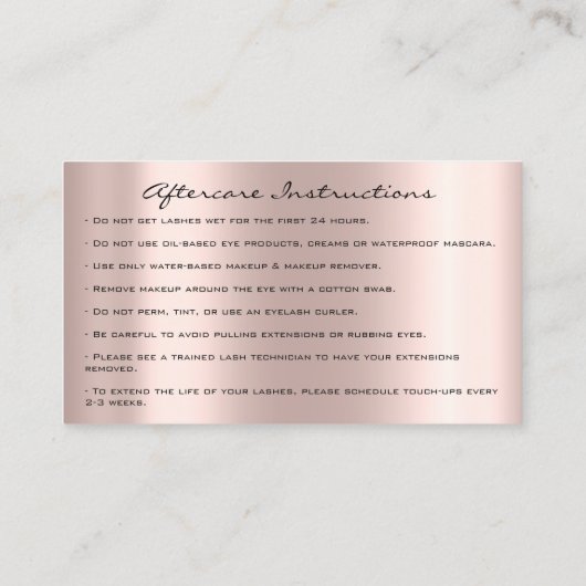 Nazorginstructies Lash Roos Drijft groene ogen Visitekaartje (Achterkant)