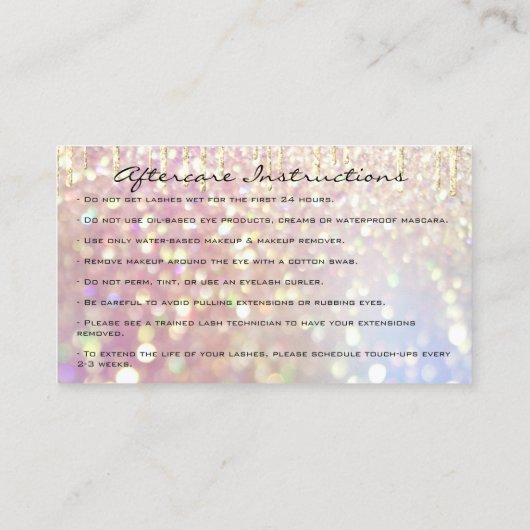 Nazorginstructies Lash Roos Gold Drip Glitter Visitekaartje (Achterkant)